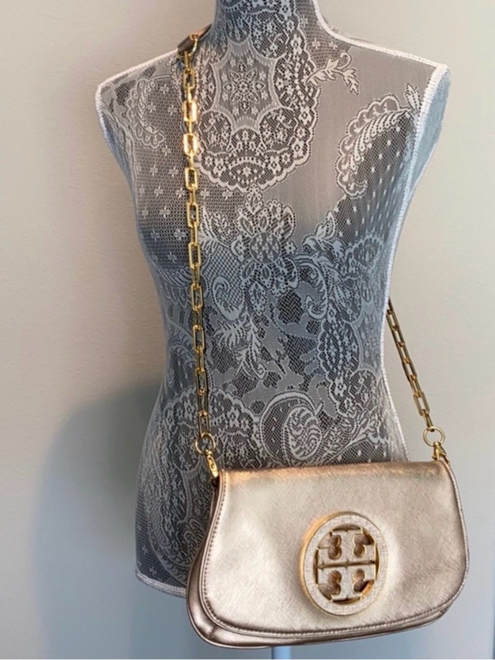 Tory Burch Vintage Metallic Gold Crossbody with Logo Medallion
